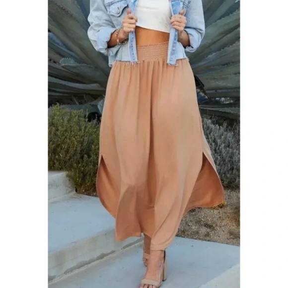 SOLD OUT Camel Smocked Waist Side Slit Pocket Maxi Skirt - Picture 4 of 6